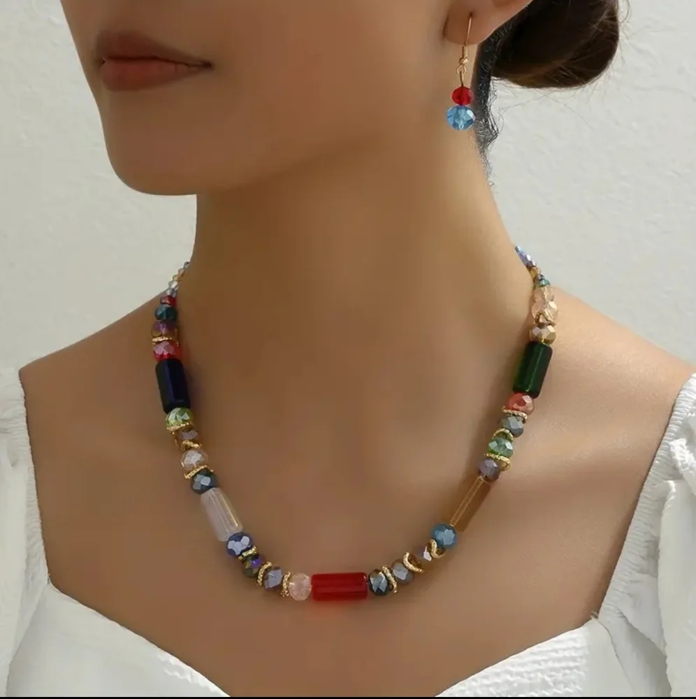 Handmade Charming Glass and Brass Necklace and Earring Set.